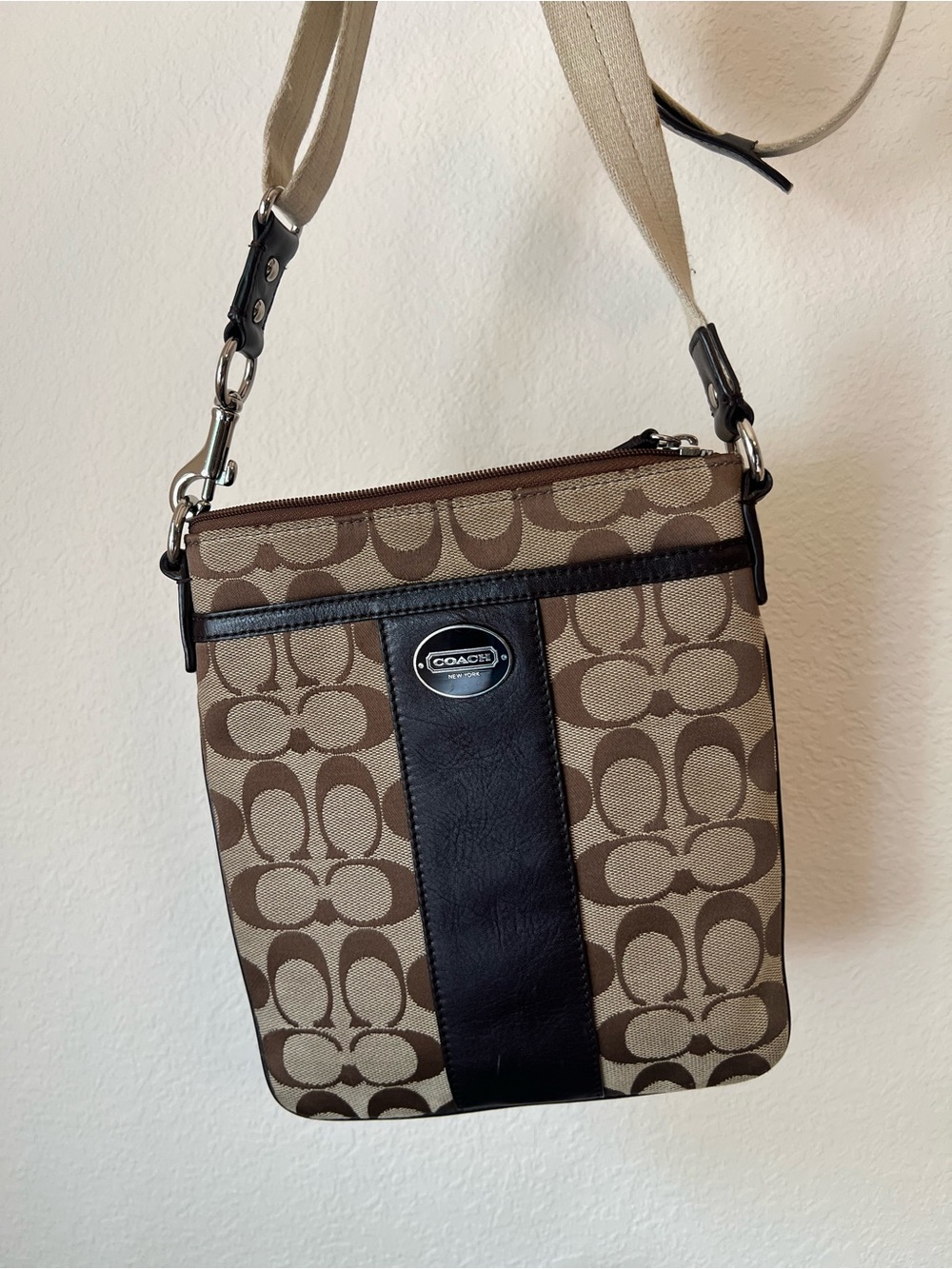 Coach Beige and Brown Signature Crossbody Bag with Black Leather Trim